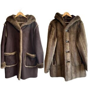 Dennis Basso Reversible Faux Suede and Fur Hooded Coat Brown M